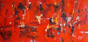 Abstract painting in red called Imagine by Banx 2200x1000mm MC5970 $245+GST/month short-term $147+GST/month long-term. $5,390 to buy