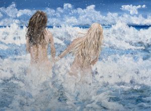 Painting of two young women running into the surf called Joie de Vivre by Banx 1200x900mm MC6822 $135+GST/month short-term $81+GST/month long-term. $2,970 to buy