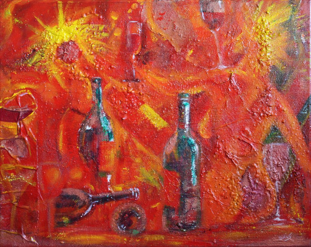 Surreal painting of wine bottles called La Dolce Vita by Banx 750x600mm MC6544 $52.50+GST/month short-term $31.50+GST/month long-term. $1155 to buy