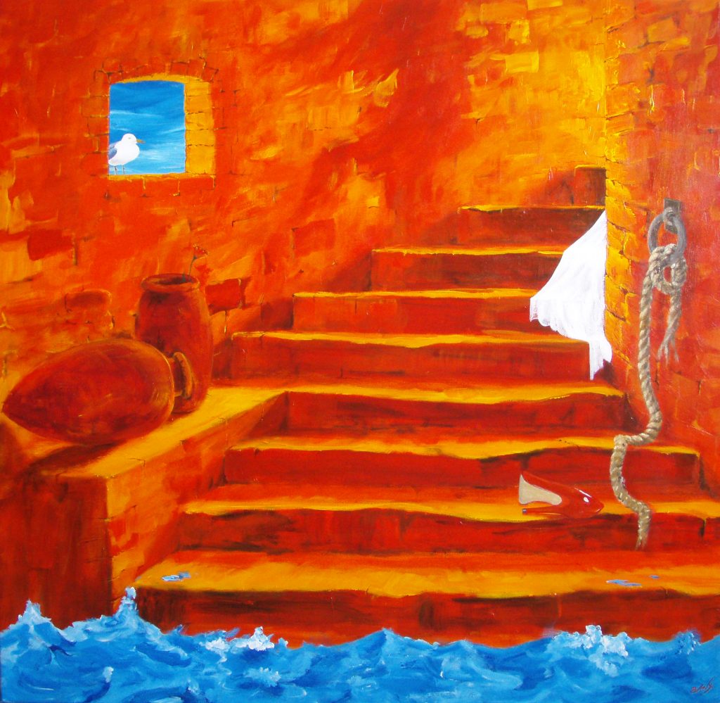 Surreal painting of castle steps called Late Home by Banx 1000x1000mm MC5938 $115+GST/month short-term $69+GST/month long-term. $2530 to buy