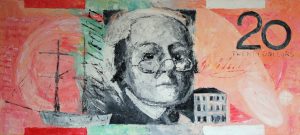 Painting of twenty dollar note called Twenty Bux - Molly Reiby by Banx 1450x650mm MC6082 $125+GST/month short-term $75+GST/month long-term. $2,750 to buy