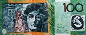 Painting of $100 note called Hundred Bux - Nellie Melba by Banx 1590x650mm MC6196 $125+GST/month short-term $75+GST/month long-term. $2,750 to buy