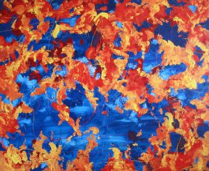 Abstract painting in blue and orange called Opposite Attraction 2 by Banx 1500x1200mm MC5450 $207+GST/month short-term $124.20+GST/month long-term. $4554 to buy