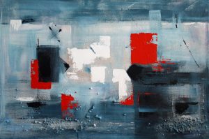 Abstract painting in blue and red called Out of the Blue by Banx 750x600mm MC5488 $40+GST/month short-term $24+GST/month long-term. $880 to buy