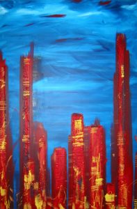 Abstract painting of a city called Reaching up by Banx 1220x1830mm MC5210 $140+GST/month short-term $84+GST/month long-term. $3,080 to buy