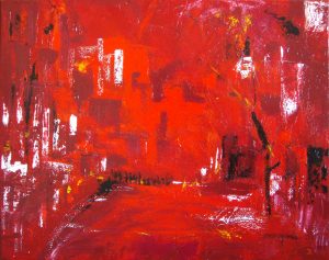 Abstract painting in red called Red City by Banx 760x600mm MC5967 $52.50+GST/month short-term $31.50+GST/month long-term. $1155 to buy