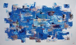 Abstract painting in blue called Reflective Element by Banx 1000x600mm MC6067 $42+GST/month short-term $70+GST/month long-term. $1540 to buy