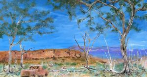 Painting of an outback rocky out crop scene, with an old rusted car wreck called Road to Nowhere by Banx 1500x800mm MC6811