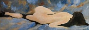 Painting of a reclining nude back called Siesta 3 by Banx 1500x500mm MC679 $90+GST/month short-term $54+GST/month long-term. $1,980 to buy