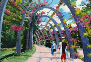 Painting of two people and sculptures at South Bank called South Bank Weekend by Banx 1300x900mm MC6745 $135+GST/month short-term $81+GST/month long-term. $2,970 to buy