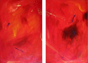 Diptych in red called Sparkler diptych by Banx 2x600x900mm MC5485 $75+GST/month short-term $45+GST/month long-term. $1,650 to buy