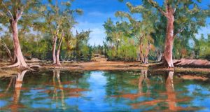 Painting of a billabong called Still Waters Run Deep by Banx 1500x800mm MC6581 $138+GST/month short-term $82.80+GST/month long-term. $3,036 to buy