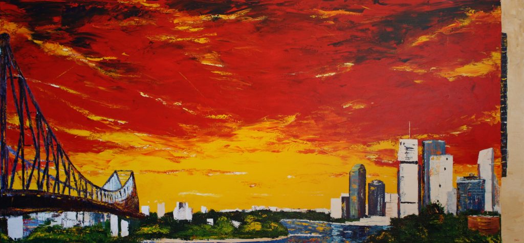Painting of Brisbane River called Story of a Bridge by Banx 2200x1000mm MC6549 $247.50+GST/month short-term $148.50+GST/month long-term. $5445 to buy