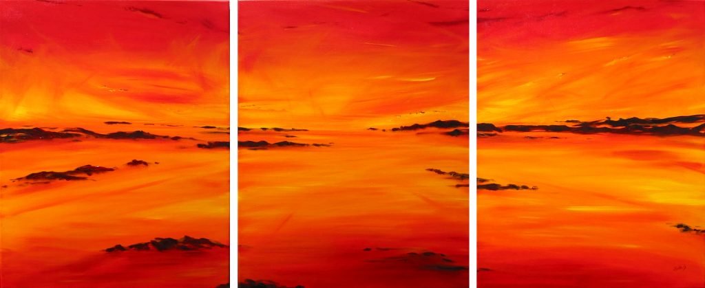 Triptych painting of outback landscape called Sunburnt Country - triptych by Banx 3@ 600x700mm MC5563 $115+GST/month short-term $93+GST/month long-term. $3410 to buy