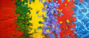 Abstract painting in yellow, purple, red blue called Sunshine State by Banx 2000x850mm MC5933 $195+GST/month short-term $117+GST/month long-term. $4,290 to buy