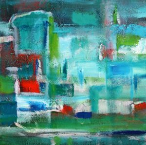 Abstract painting in green called Through Windows 1 by Banx 600x600mm MC6385 $42.50+GST/month short-term $25.50+GST/month long-term $935 to buy
