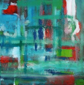 Abstract painting in greens called Through Windows 2 by Banx 600x600mm MC6386 $37.50+GST/month short-term $22.50+GST/month long-term $825 to buy