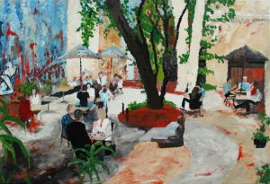 Painting of a cafe scene called Time Out by Banx MC6760 $135+GST/month short-term $81+GST/month long-term. $2,970 to buy