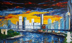 Painting of Brisbane and Story Bridge called Twilight Story 2 by Banx 2000x1200mm MC6560 $275+GST/month short-term $165+GST/month long-term. $6,050 to buy