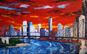 Painting of Brisbane and Story Bridge called Urban Story by Banx 2000x1200mm MC6550 $275+GST/month short-term $165+GST/month long-term. $6,050 to buy