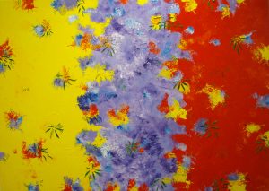Abstract painting in yellow, purple and red called Wattle, Jacaranda, Pointsettia 5 1400x1000mm MC5972 $150+GST/month short-term $90+GST/month long-term. $3,300 to buy