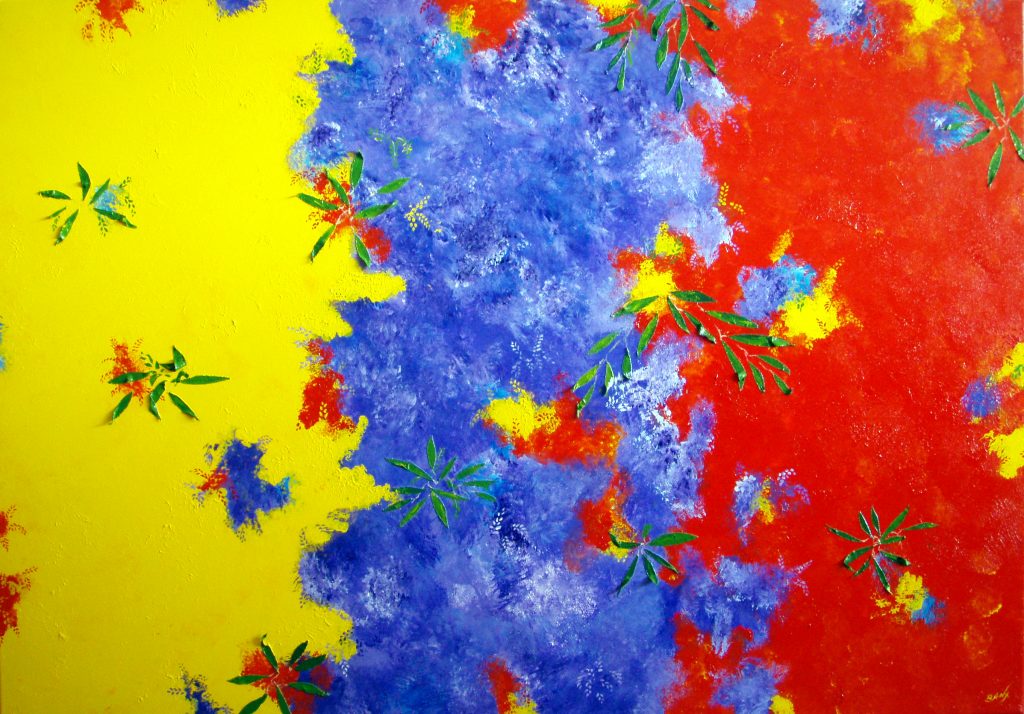Abstract painting in yellow, purple and red called Wattle, Jacaranda, Pointsettia 3 1300x900mm MC5935
