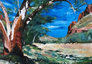 Painting of dry Hale Riverbed called Where the River Runs Dry (Ruby Gap) by Banx 1300x900mm MC6599 $135+GST/month short-term $81+GST/month long-term. $2,970 to buy