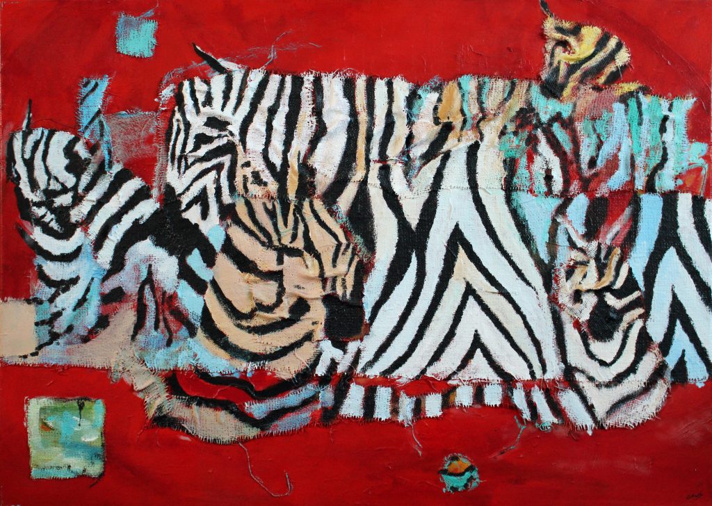 Abstract painting of zebras called Zebrakadabra by Banx 1400x1000mm MC5824 $162.50+GST/month short-term $97.5+GST/month long-term. $3575 to buy