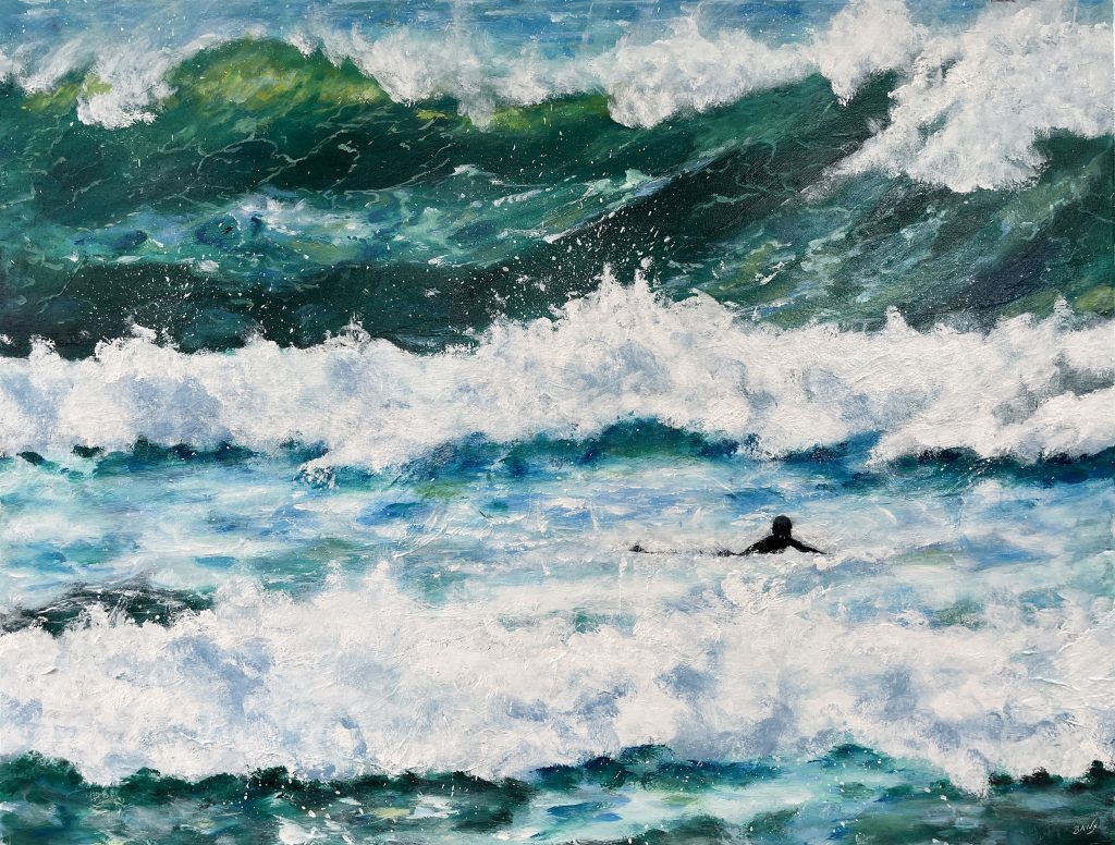 Painting of a surfer in big swell called Maverick by Banx 1200x900mm MC6823 SOLD