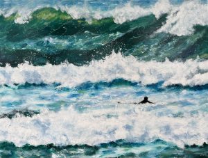 Painting called Maverick by Banx of a surfer paddling out in big aqua green surf