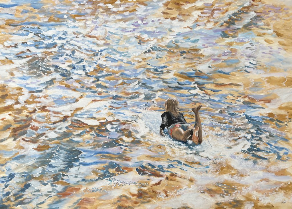 Painting of surfer paddling out calledStoked by Banx 1300x900mm MC6824 $135+GST/month short-term $81+GST/month long-term. $2,970 to buy