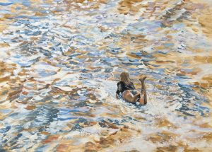 Painting of surfer paddling out called Stoked by Banx 1300x900mm MC6824