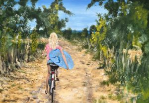Painting called The Way Home by Banx 1300x900mm of a girl on a bicycle carrying her surf board
