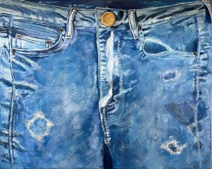 Painting of a pair of old threadbare jeans called Ol' Faithfuls 600x750mm MC6827 $51.75+GST/month short-term $31.05+GST/month long-term. $1,139 to buy