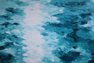Abstract painting in aqua and white called Awatea - Bright Pathway by Banx 1500x1000mm MC6724 $172.50+GST/month short-term $103.50+GST/month long-term. $3,795 to buy