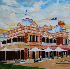 Painting of the Breakfast Creek Hotel, Brisbane called Brekky Creek by Banx 1000x1000mm MC6736 SOLD