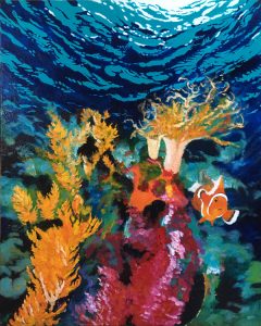 Painting of Clown Fish and coral called Channelling Nemo by Banx 800x1000mm MC6809 $92+GST/month short-term $55.20+GST/month long-term. $2,024 to buy