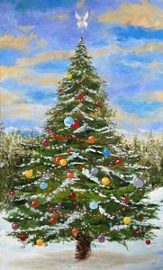 Painting of a decorated Christmas Tree in the snow called Christmas Tree by Banx 600x1000mm MC6828 $69.00+GST/month short-term $41.40+GST/month long-term. $1,518 to buy