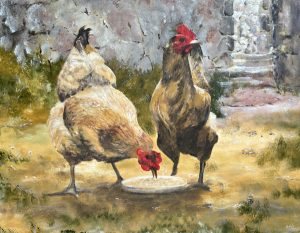 Painting of two chickens called Clucky by Banx 700x900mm MC6832 $72.50+GST/month short-term $43.50+GST/month long-term. $1,595 to buy