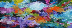 Abstract painting multi coloured called Dappled Light by Banx 1520 x 600mm MC6635 $105+GST/month short-term $63+GST/month long-term. $2310 to buy
