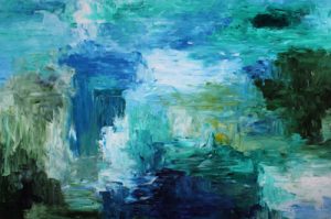 Abstract painting in aqua and greens called Deep Dive by Banx 1500x1000mm MC6746 $172.50+GST/month short-term $103.50+GST/month long-term. $3,795 to buy