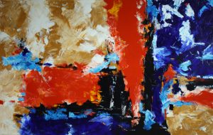 Abstract painting in red, blue and ochre called Dining Out by Banx 1600x1000mm MC6446 SOLD