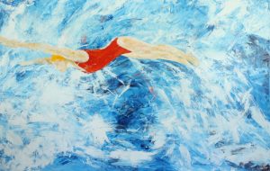 Painting of a woman diving into a wave called Dive Right In by Banx 1600x1000mm MC6200 SOLD