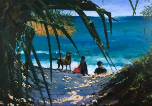 Painting of two people at the beach and a dog watching their back called Got your Back by Banx 1300x900mm MC6795 SOLD