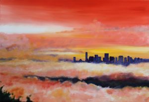 Painting of Brisbane from Mt Coot-tha at sunset called Mt. Coot-tha by Banx 1300x900mm MC6744 $135+GST/month short-term $81+GST/month long-term. $2,970 to buy