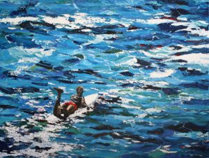Painting of a girl paddling out to surf called No Two Days are the Same by Banx 1200x900mm MC6478 SOLD