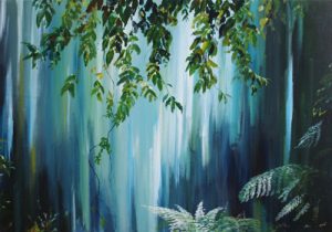 Painting of rain in a forrest called Rain Shelter by Banx 1300x900mm MC6636 $135+GST/month short-term $81+GST/month long-term. $2,970 to buy