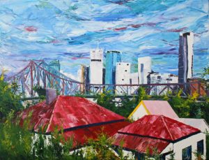 Painting of red roof and the Story Bridge, Brisbane called Red Roof Tops by Banx 1200x900mm MC6622 SOLD