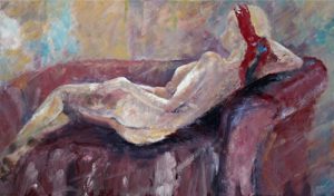 Painting of a reclining nude back on a sofa called Red Sofa by Banx 1000x6000mm MC6666 $69+GST/month short-term $41.4+GST/month long-term. $1,518 to buy
