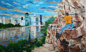 Painting of a climber at Kangaroo Point, Brisbane called Rock Solid by Banx 1500x900mm MC6606 SOLD